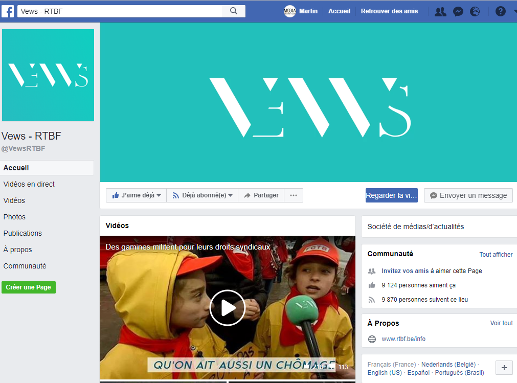L’interface du media Vews RTBF sur Facebook