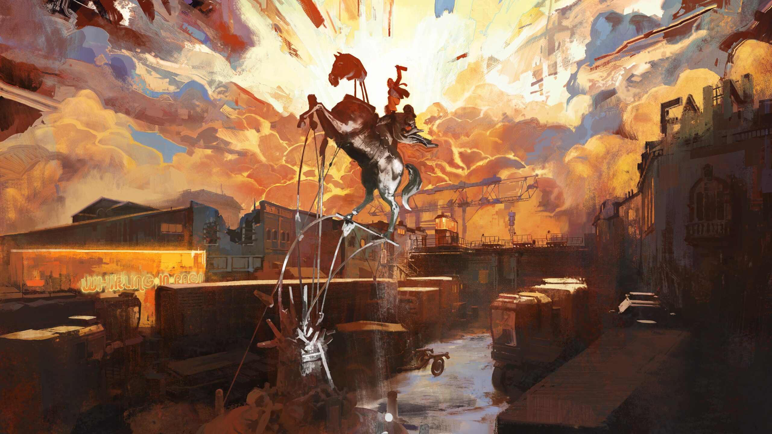 Affichette de Disco Elysium mintrant une statue d'un homme sur un cheval.