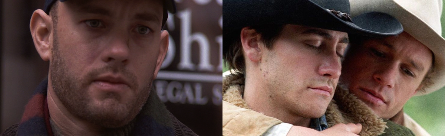 à gauche Tom Hanks dans Philadelphia. A droite, les deux cowboys de Brokeback mountain, enlacés.