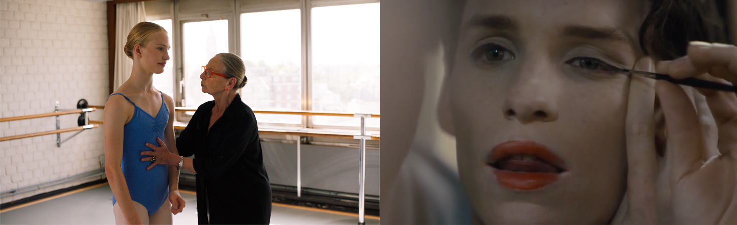 à gauche une image du film Girl montrant l'héroïne à son cours de dance, à droit une de The Danish girl montrant l'héroïne se maquiller.