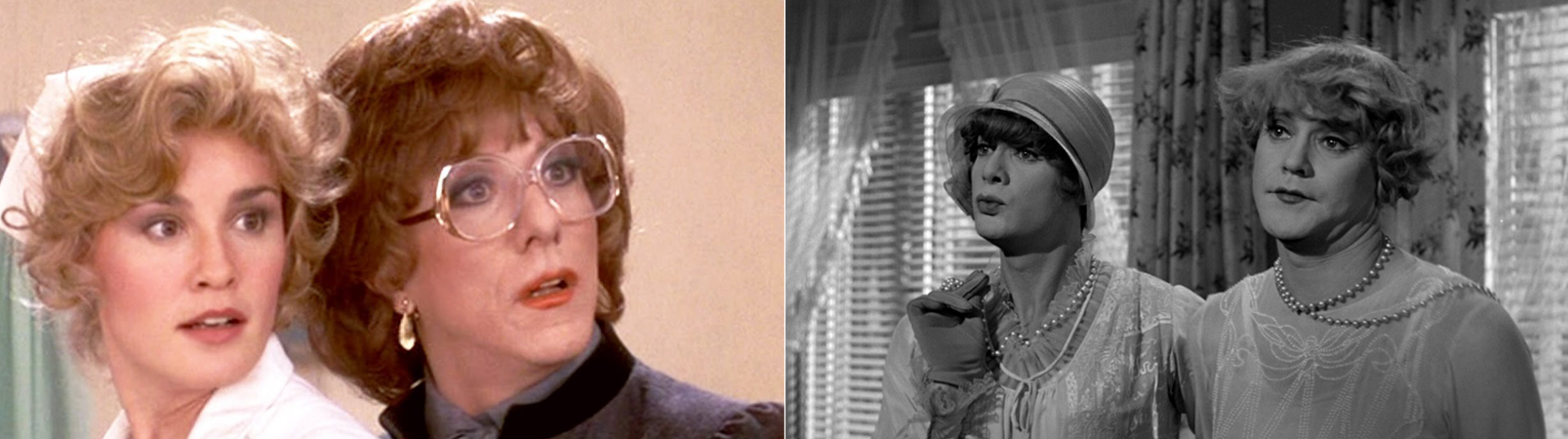 à gauche une image du film Tootsie, à droite une image de Certains l'aiment chaud. Dans les deux cas les comédiens sont habillés avec des vêtements féminins, maquillés.