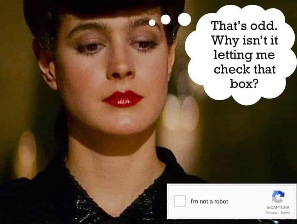 Un meme avec une image tirée du film Blade Runner. La femme humanoide se demande pour quoi elle ne peut pas cliquer sur le Kaptcha "I'm not a robot".