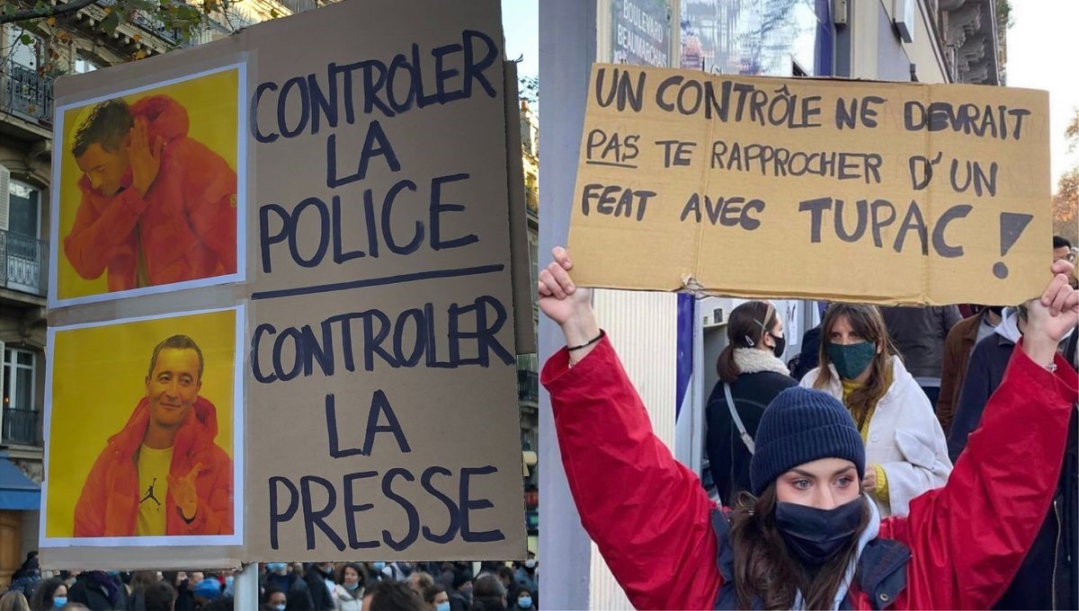 Un homme brandit un meme lors d'une manifestation pour moquer le ministre Gérard Darmanin.