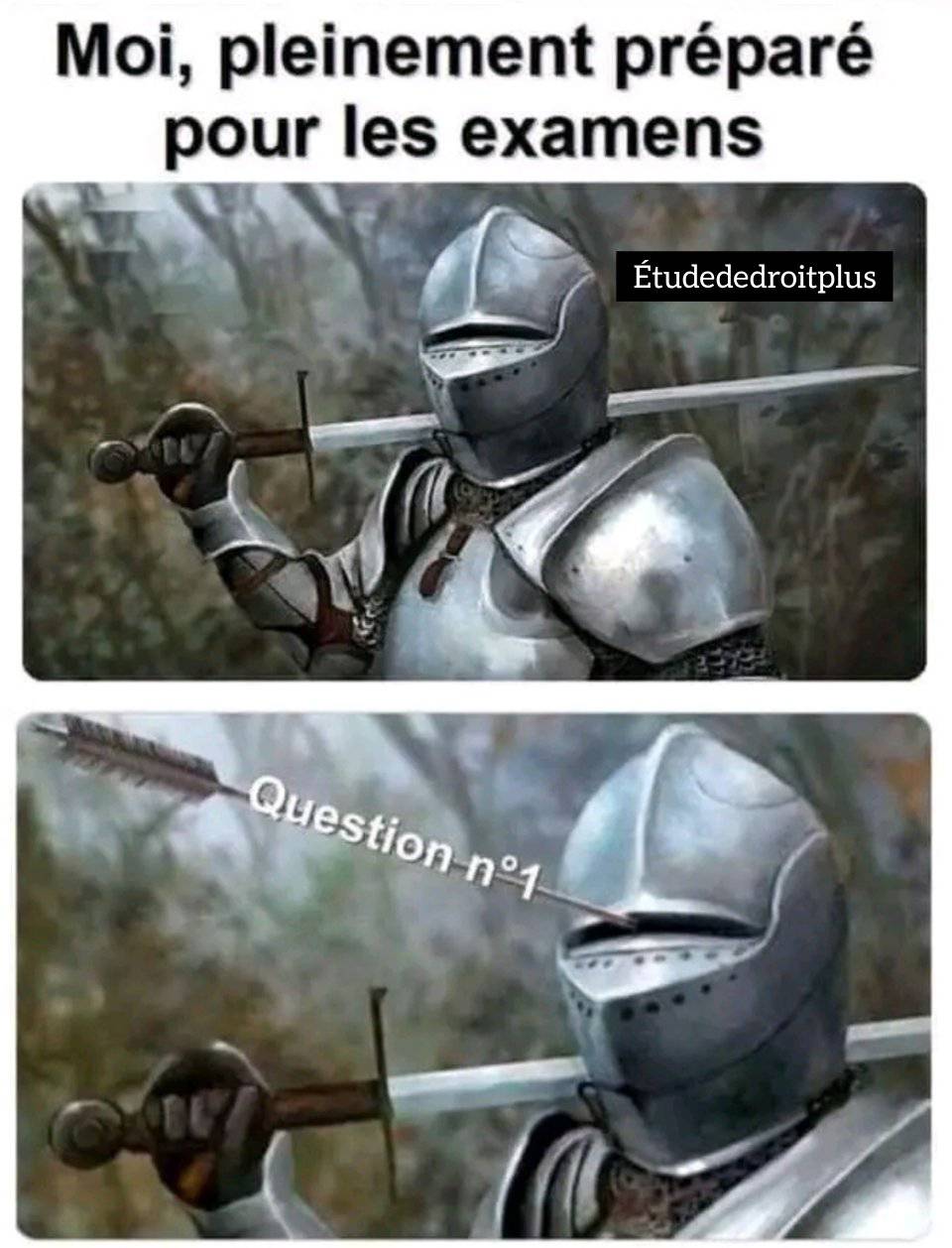 Un meme titré "Moi, pleinement préparé pour les examens", montrant un chevalier près à tout affronter, puis une seconde image avec une flèche pile dans la fente de son casque. À côté de la flèche est écrit "question numéro 1".