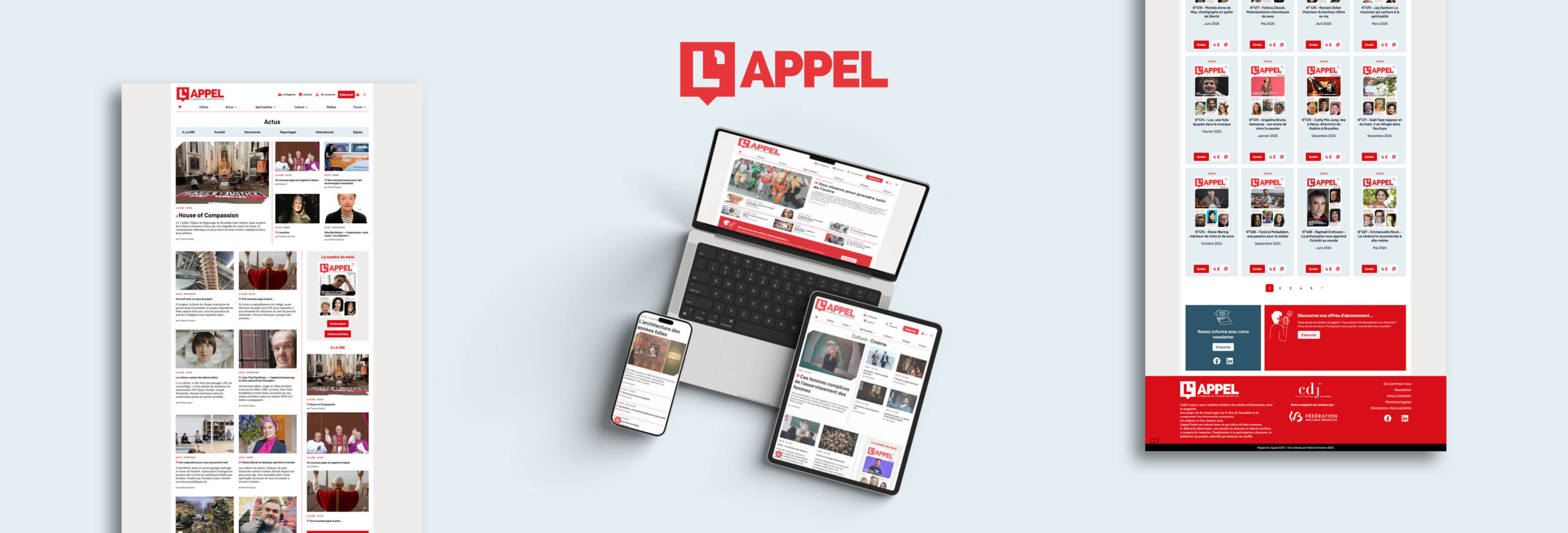 Le site Magazine L'APPEL sur différents devices et des captures de pages.