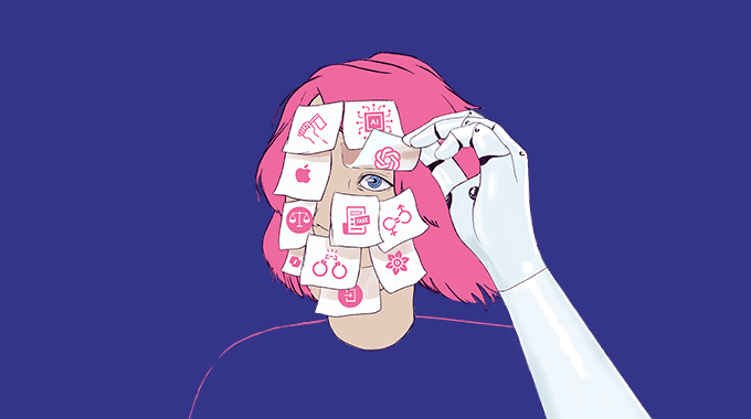 Illustration d'une femme avec des post-it, AI, Apple etc, sur le visage