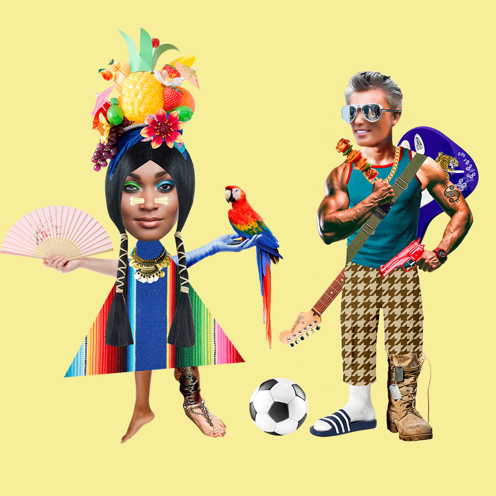 Un homme et une femme en collage avec tous les stéréotypes de genre 