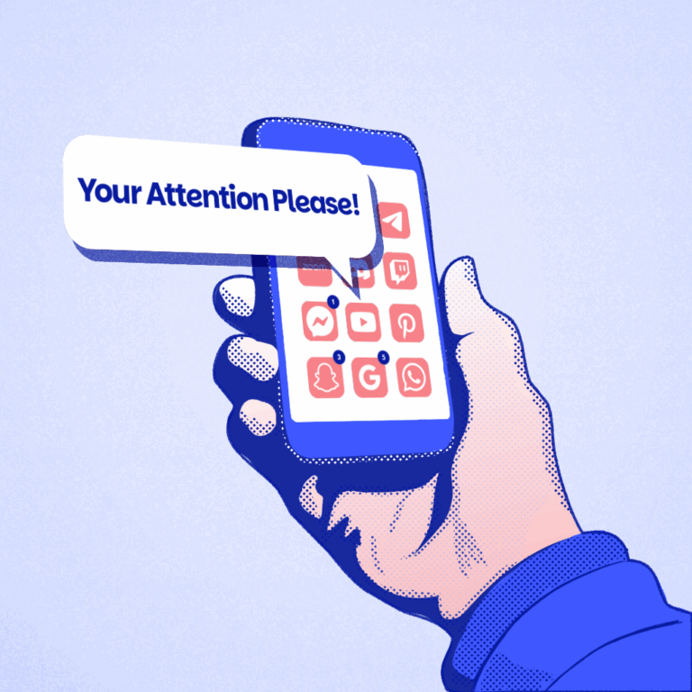 Illustration d'une main tenant un smartphone avec des notifications