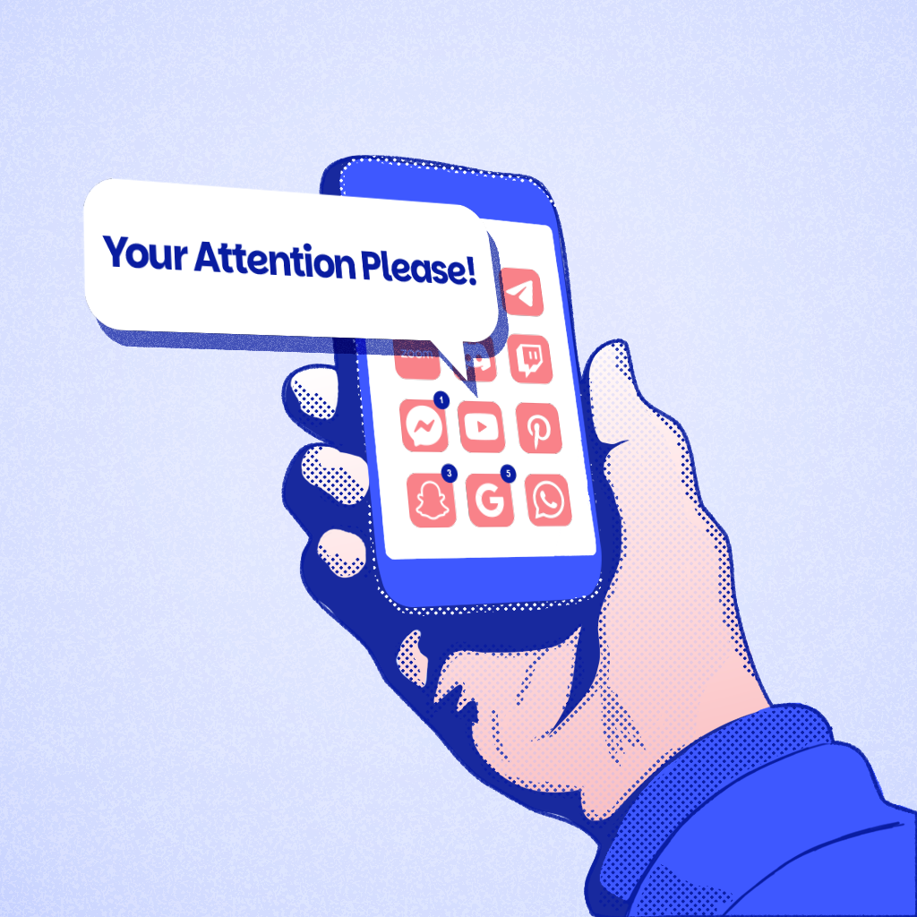 Illustration d'une main tenant un smartphone avec des notifications