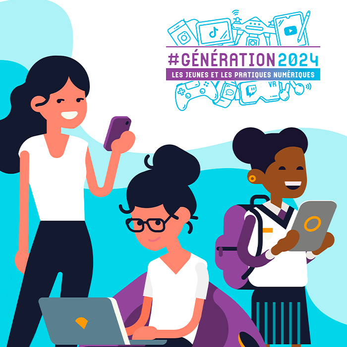 Illustration trois jeunes femmes sur leur tablette, smartphone, ordinateur