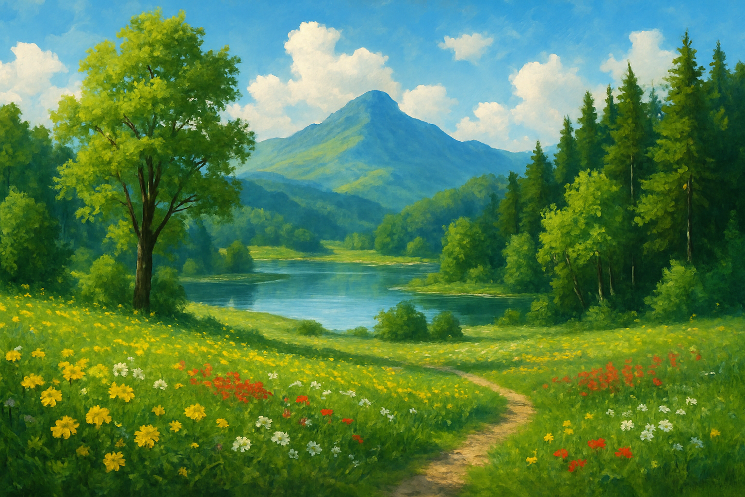 Une image de campagne très cliché, avec un chemin, des fleurs, un lac et une montagne en arrière plan.