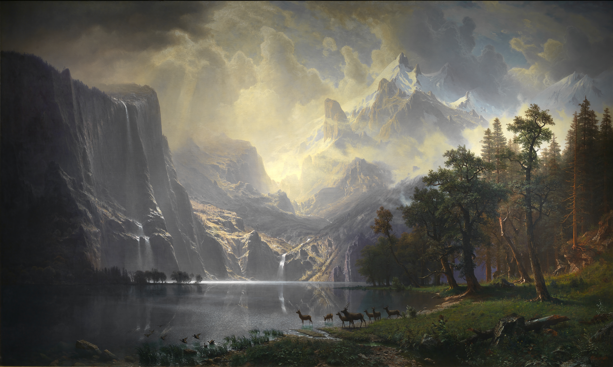 Une peinture donnant à voir une nature presque mystique, avec un troupeau de cerfs qui patauge au bord d'un lac de montage. Les rayons du soleil sont presque palpables.