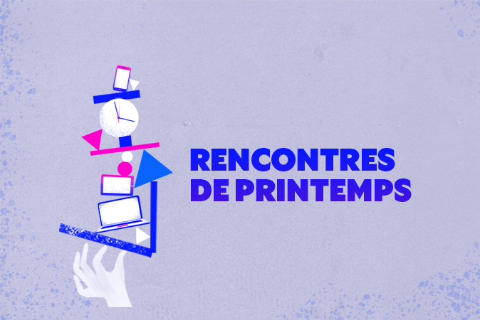 Visuel de La Semaine Numérique 2026. Une main tient en équilibre sur deux doigts un tas de formes en 2D ainsi que des objets numériques & une horloge.