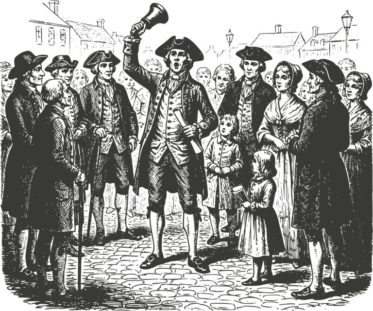 Dessin d'un crieur de rue criant au milieu de la foule.